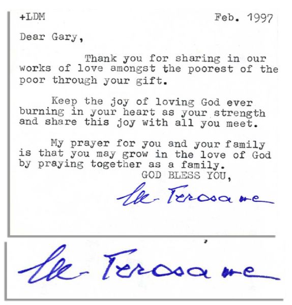 Mother Teresa Typed Letter Signed -- ...Keep the joy of loving God ever burning in your heart as your strength...