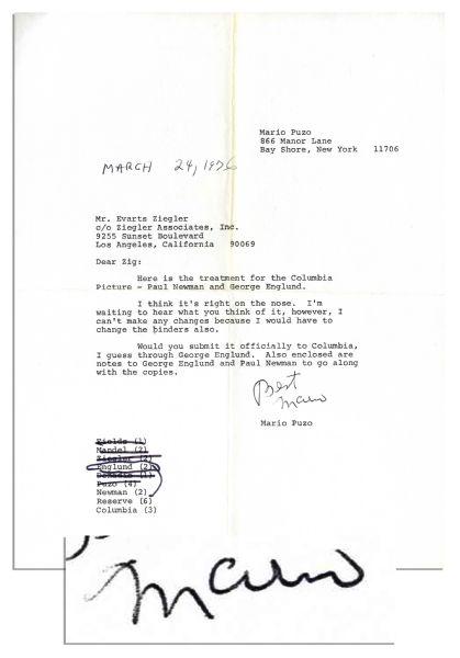 Mario Puzo Typed Letter Signed -- ...Here is the treatment for the Columbia Picture -- Paul Newman...
