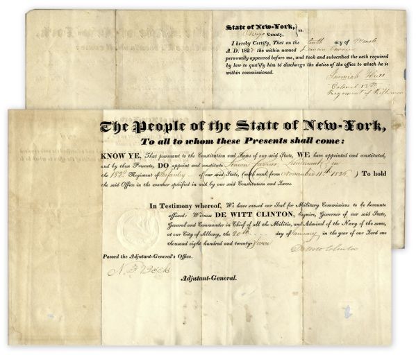 DeWitt Clinton Document Signed as New York Governor -- 1827 Military Appointment