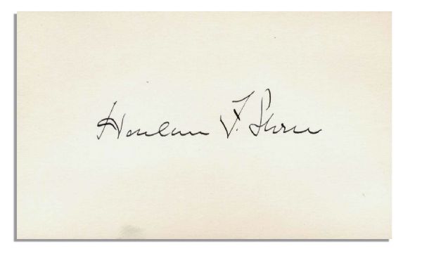 Harlan F. Stone Signature -- Chief Justice of the Supreme Court -- Signed on 5 x 3 Card -- Near Fine