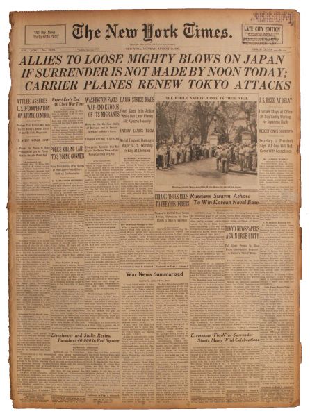 13 August 1945 New York Times Newspaper -- Allies To Loose Mighty Blows on Japan If Surrender Is Not Made by Noon Today...