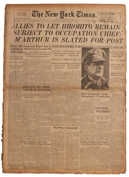 WWII Draws Closer to an End With the Revealing of Terms in 12 August 1945 New York Times Newspaper -- Allies To Let Hirohito Remain...