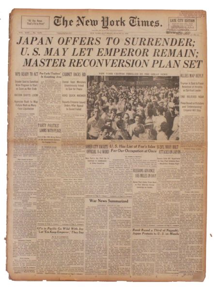 WWII New York Times -- 11 August 1945 -- Japan Offers To Surrender