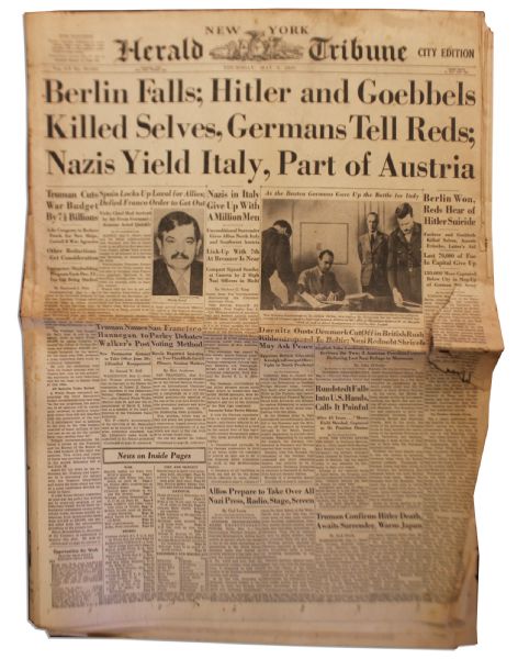 New York Herald Tribune 3 May 1945 Reporting the Fall of Berlin -- Headlines Include: Berlin Won, Reds Hear of Hitler Suicide