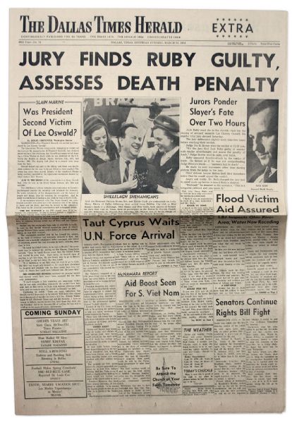 Jack Ruby Is Found Guilty in The Dallas Times Herald 14 March 1964 Newspaper -- Headlines Include: Jurors Ponder Slayers Fate Over Two hours