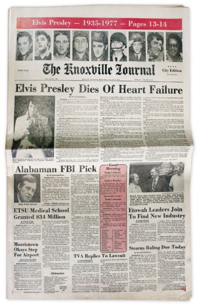 Elvis Presley Death Newspaper From Knoxville, Tennessee -- ...Elvis Presley Dies of Heart Failure...