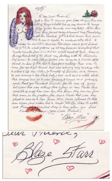Blaze Starr Autograph Letter Signed -- Regarding a Tryst in the White House with JFK -- ...I told J.F.K. about my fantasy with the Lincoln bedroom. He said lets go...