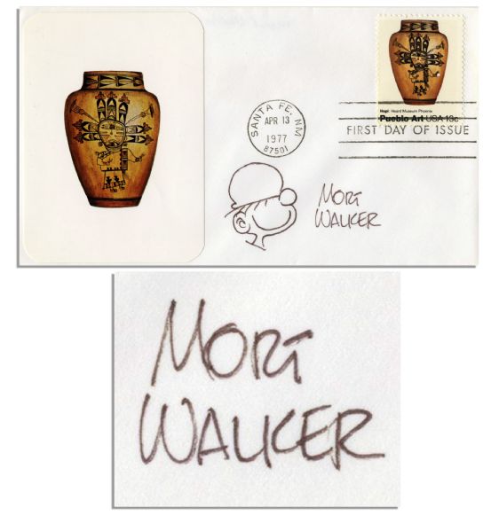 Mort Walker Signature & Hand-Drawn Beetle Bailey Sketch on 6.5 x 3.5 First Day Cover -- Postmarked Santa Fe, 1977 -- Fine
