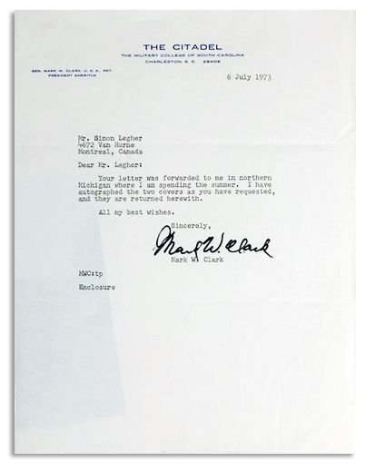General Mark Clark Typed Letter Signed Upon Citadel Stationery