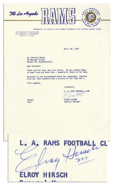 Elroy Crazylegs Hirsch Typed Letter Signed -- ...We are always happy to hear from our Rams fans... -- 1960