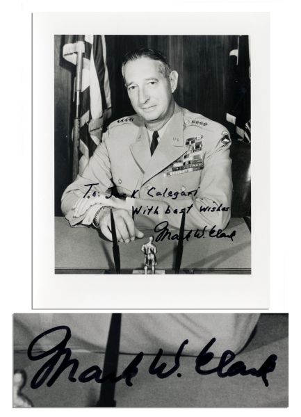General Mark W. Clark 8 x 10 Signed Photo -- To: Jack K Calegari / With best wishes / Mark W. Clark -- Fine