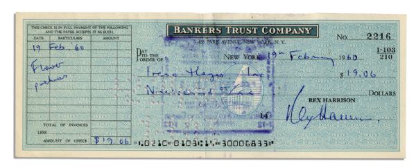 Oscar Winning Actor Rex Harrison Check Signed on 19 February 1960 for $19.06 -- Rex Harrison -- 8.25 x 3 -- Very Good