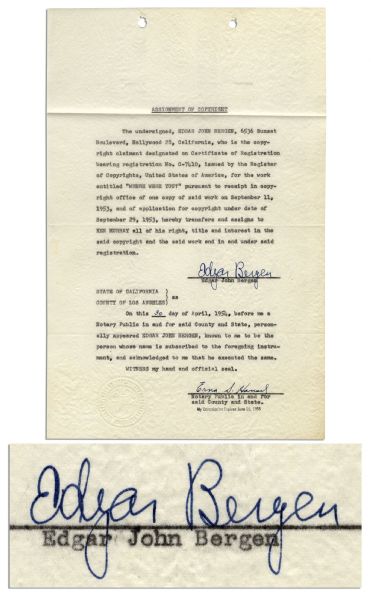 Ventriloquist Edgar Bergen Contract Signed From 1954