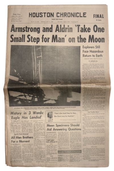 21 July 1969 Edition of the Houston Chronicle Regarding the Moon Landing -- Armstrong and Aldrin Take One Small Step for Man on the Moon -- Very Good