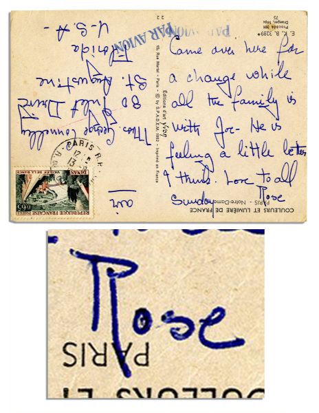 Rose Kennedy Handwritten Postcard From Paris -- ...Came over here for a change while all the family is with Joe... -- 1952