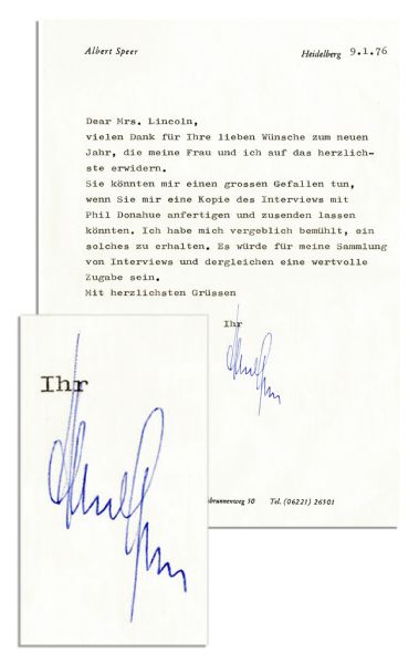 Albert Speer Letter Signed -- ...You could do me a huge favor if you could make me a copy of the interview with Phil Donahue... -- 1976