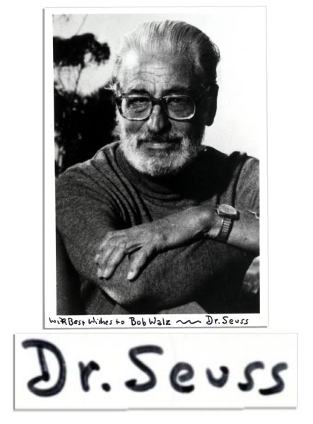 Dr. Seuss Signed 5 x 7.25 Photo -- With Best Wishes to Bob Walz ~~ Dr. Seuss -- Light Creasing, Else Near Fine