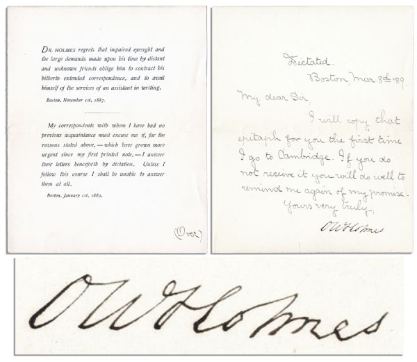 Oliver Wendell Holmes Letter Signed -- ...you will do well to remind me again of my promise...
