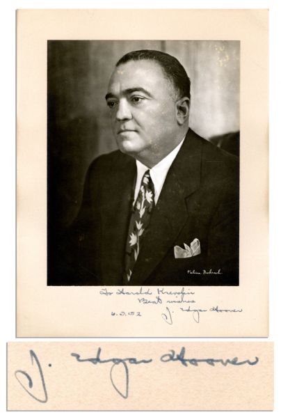 Longtime FBI Director J. Edgar Hoover Signed 6.75 x 8.5 Matte Photo -- Matted to 11 x 9 Cardstock -- To Harold Krevolin / Best wishes / 6.3.52  J. Edgar Hoover -- Near Fine