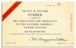 United Nations 1949 Dinner Invitation -- in New York City for the Start of the General Assemblys Fourth Session