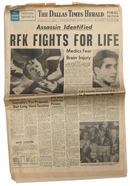 Robert F. Kennedy Assassination Newspaper Announces Assassin Identified the Day He Was Shot -- Dallas Times Herald From 5 June 1968