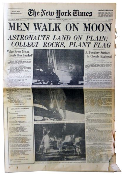 The New York Times Announces Feat of Human Achievement -- Men Walk On Moon -- 21 July 1969