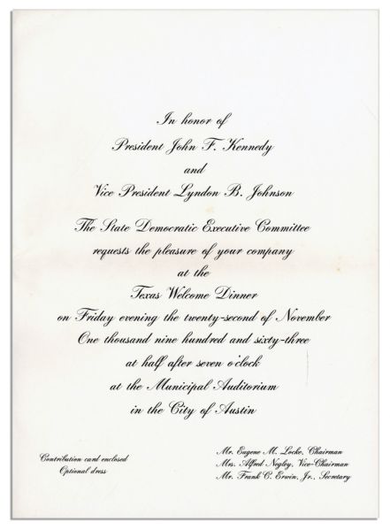 Invitation to the Dinner Welcoming President Kennedy to Texas the Night of His Assassination