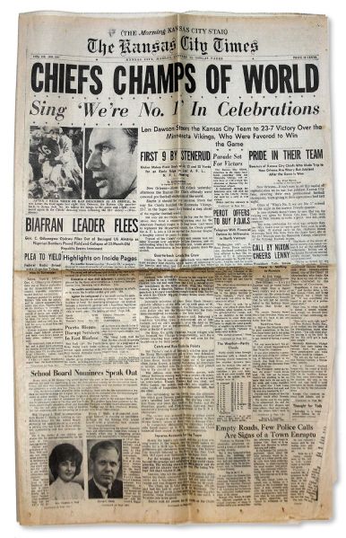 Super Bowl IV CHIEFS CHAMPS OF WORLD Announced in Kansas City Times