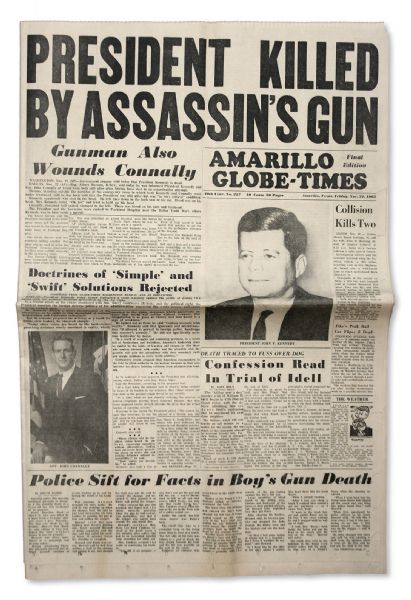 22 November 1963 Edition of the Amarillo Globe Times Announcing JFKs Death That Day -- PRESIDENT KILLED BY ASSASSINS GUN