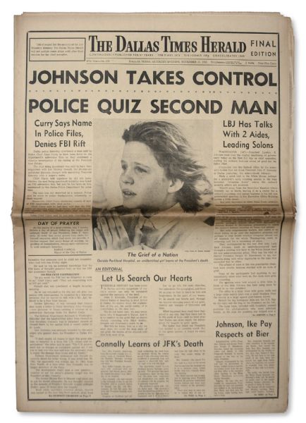 Historic The Dallas Times Herald 23 November 1963 Edition -- Headlines Include Johnson Takes Control and Police Quiz Second Man
