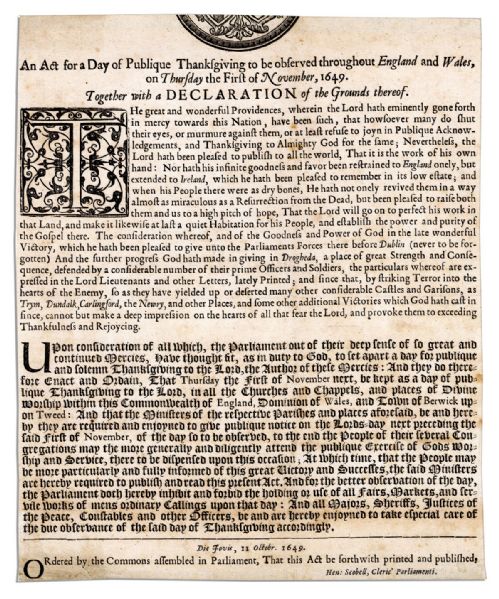 English Civil War 1649 Broadside Issued by Oliver Cromwells Parliament  Announcing a Day of Thanksgiving