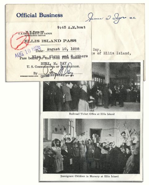 Ellis Island Pass From 1928 -- Signed by the Commissioner of Immigration