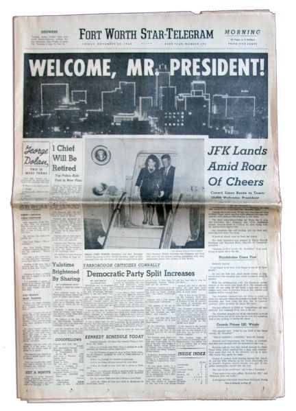 Fort Worth Star-Telegram 22 November 1963 Morning Edition Newspaper -- Welcoming President Kennedy to Texas Before His Fateful Assassination -- JFK Lands Amid Roar of Cheers