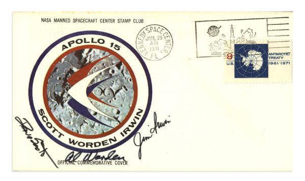 Apollo 15 Crew-Signed Astronaut Insurance Cover -- Signed Al Worden, Dave Scott & Jim Irwin -- Cancelled 26 July 1971 -- 6.5 x 3.75 -- Near Fine -- With COA From Worden