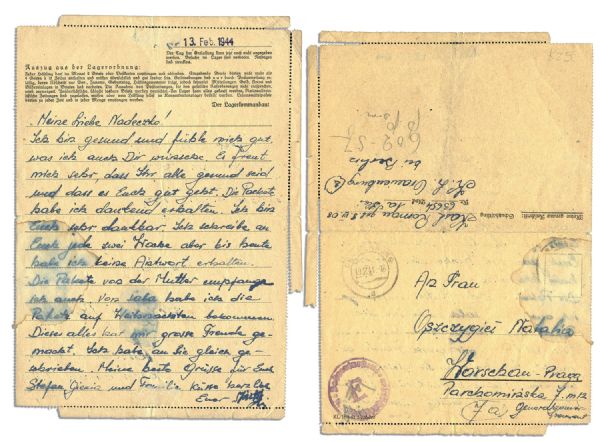1944 Autograph Letter Signed From a Sachsenhausen Concentration Camp Prisoner -- ...I am very thankful...