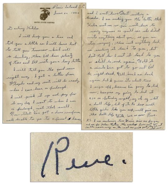 Iwo Jima Flag Raiser Rene Gagnon 1943 Autograph Letter Signed -- ...enclosing two Marine pins...Notice the anchor does not go in the same way as the real one youve got...