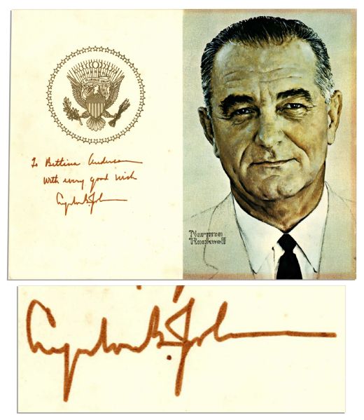 Lyndon B. Johnson Signed Portrait by Himself, Done by Norman Rockwell --  Measures 14 x 11
