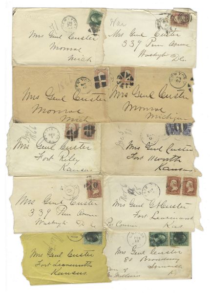George Custer Lot of 10 Signed Envelopes -- All Letters Addressed to Mrs. General Custer