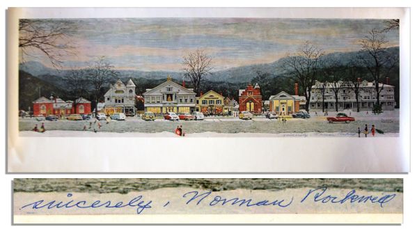 Master of Americana, Norman Rockwell Signed Print of His Well-Known Piece Stockbridge Main Street at Christmas
