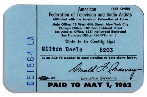 Milton Berles AFTRA Membership Card From 1962