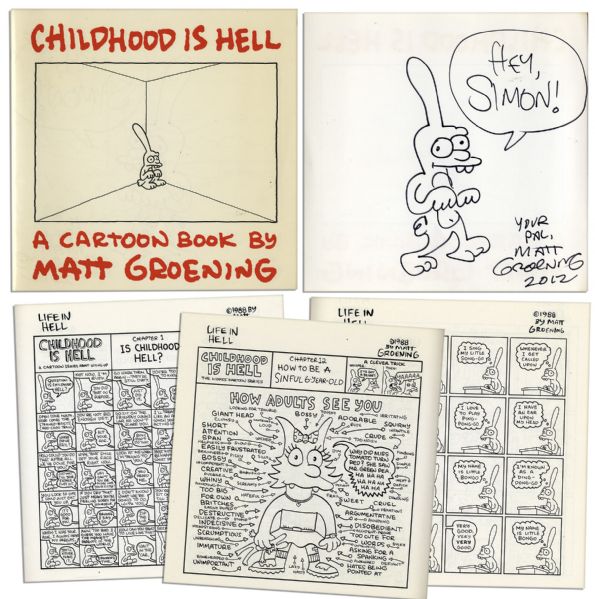 Simpsons Creator Matt Groening Signed First Edition of His Book Childhood Is Hell -- To Which He Adds a Large Hand Drawn Sketch of His Protagonist