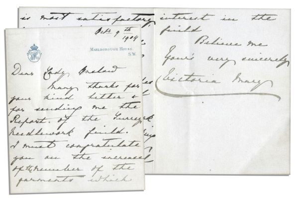 Queen Mary of Teck Autograph Leter Signed -- ...Many thanks for your kind letter & for sending me the Report of the Surrey Needlework Guild... -- on Marlborough House Stationery
