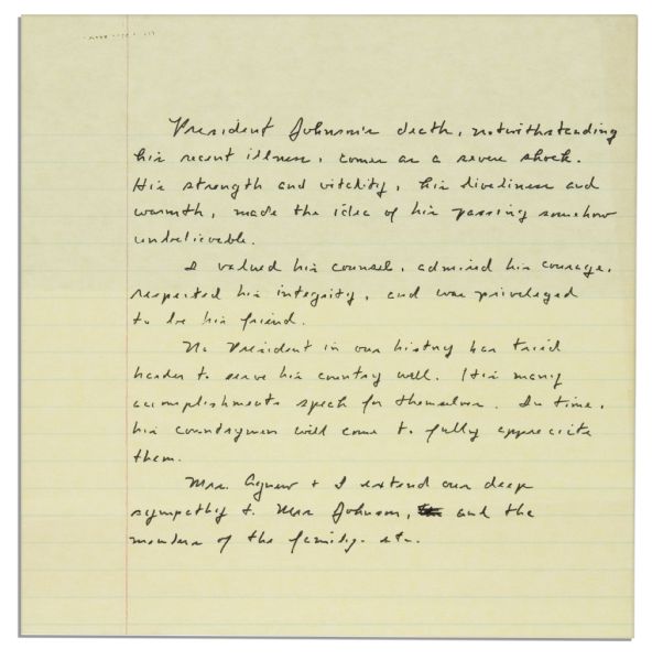 Spiro Agnew Autograph Manuscript Regarding the Sudden Death of President Lyndon B. Johnson -- ...Comes as a severe shock. His strength and vitality, his liveliness and warmth...