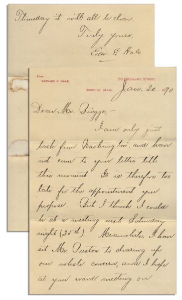 19th Century Author Edward Everett Hale Autograph Letter Signed -- ...I am only just back from Washington...