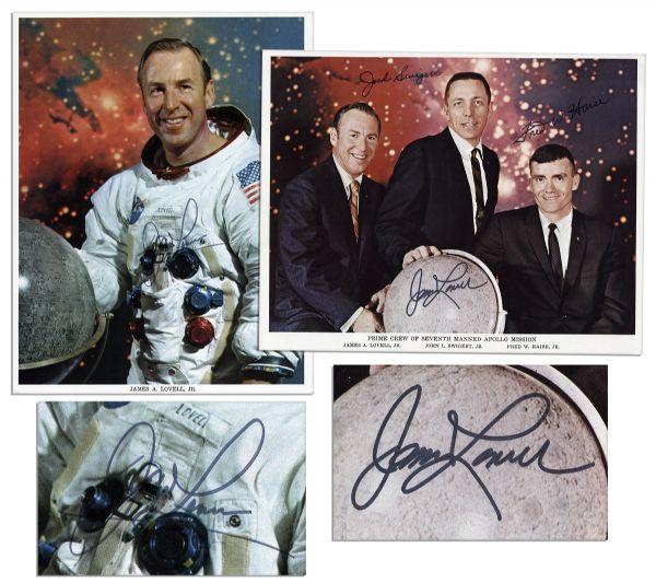Pair of James Lovell 8 x 10 Photos Signed -- One Photo of Lovell in His Spacesuit & One Crew Photo of the Apollo 7 Astronauts in Civilian Suits