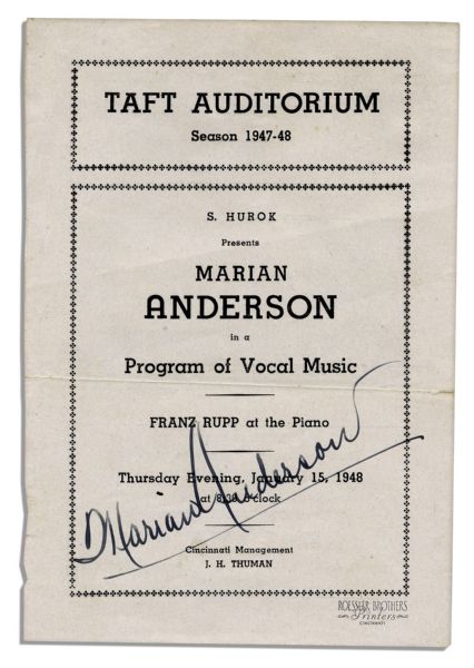 Legendary Vocalist Marian Anderson Program Signed
