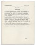 Jackie Kennedy White House Press Release -- Announcing the Resignation of the Artistic Curator During the Famous Renovation of the White House