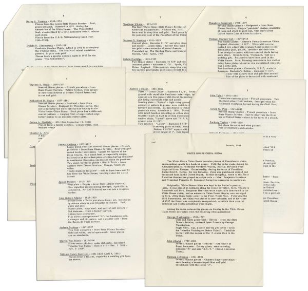 President John F. Kennedy Fact Sheet on the White House China Room -- With Interesting Content Detailing Each Presidents Addition to the China Collection