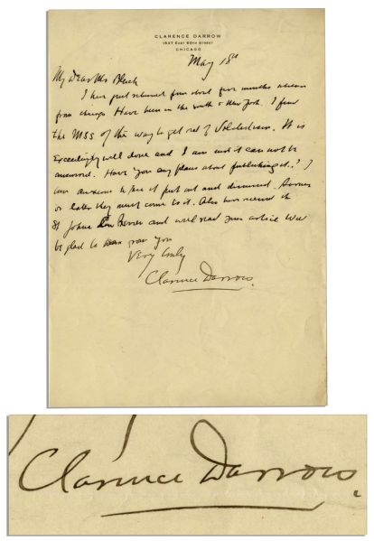Clarence Darrow Autograph Letter Signed Regarding Prohibition -- ...the way to get rid of Volsteadism...