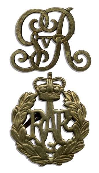 Two Royal British Commemorative Badges -- King George V Cypher & Royal Air Force Badge